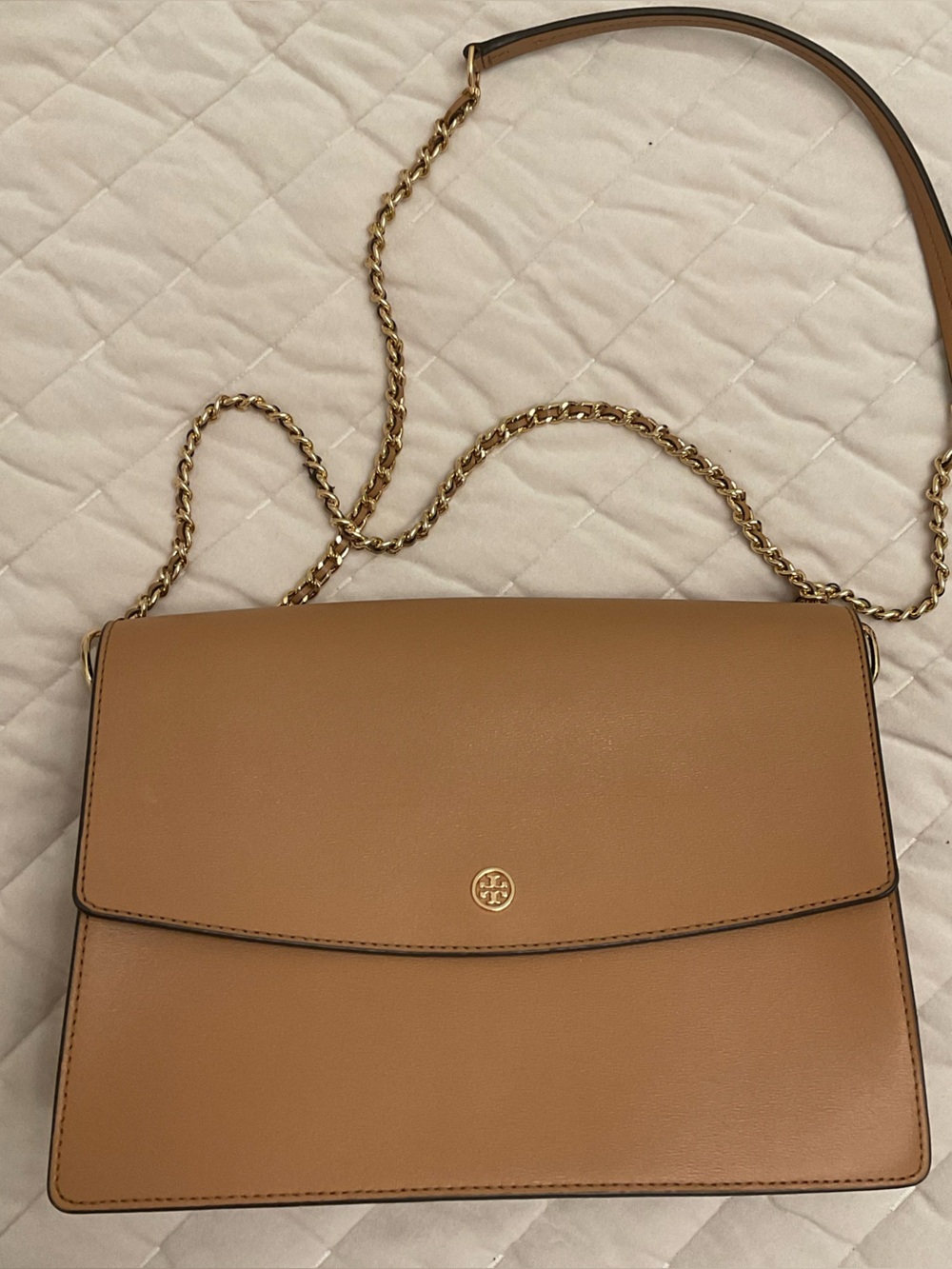 Tory Burch Camel Leather Crossbody with Gold Chain